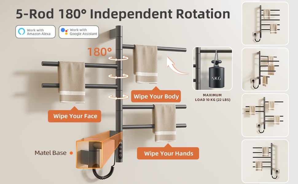 SIOYIE Smart Rotating Heated Towel Rack For Bathroom, Wall-Mounted Electric Towel Dryer With Swivel Bars, Smart Timer, Low Carbon Steel, IPX5, Plug-in/Hardwired, Towel Warmer With Wi-Fi App ControlW_voghion.com